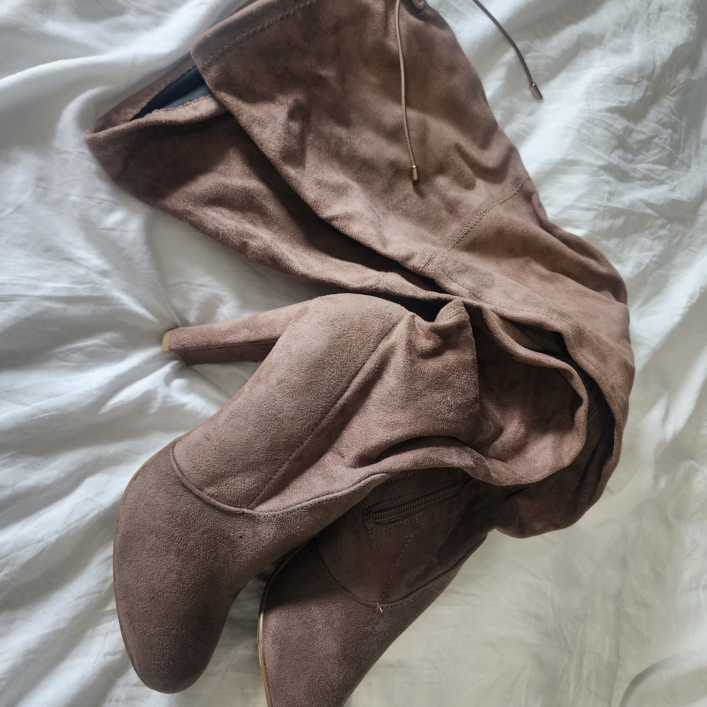 Taupe Foux Knee High Heeled Boots